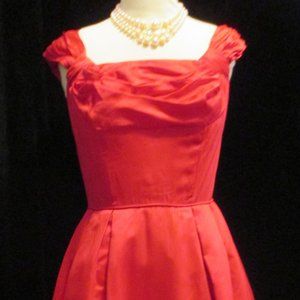 Vintage 1950s RED SATIN Valentine's Day RED Cocktail Dress Shelf Bust Medium